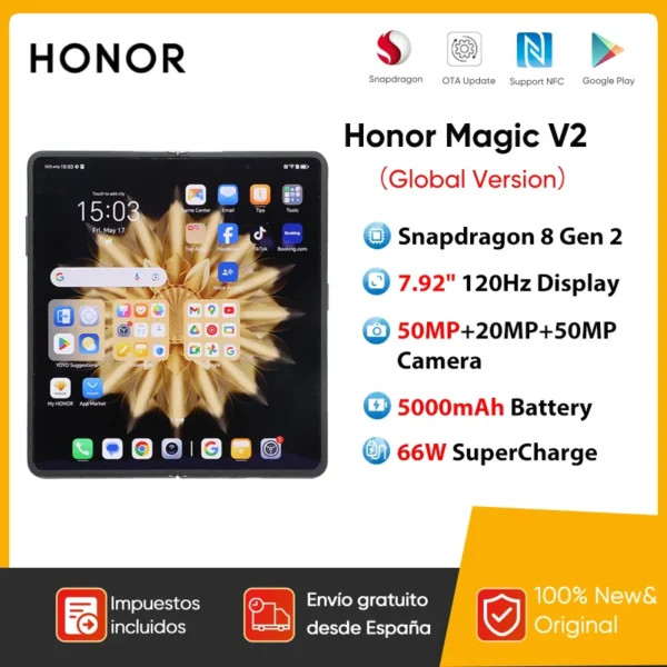 Smartphone pliable Honor Magic V2 5G – Snapdragon 8 Gen 2, écran OLED LTPO 120 Hz, triple caméra 50 Mpx